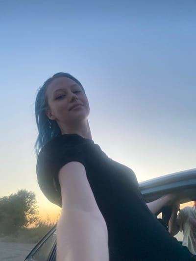 This is a vertical, outdoor selfie taken at eye-level. The subject is a young woman with blue hair, wearing a black t-shirt, her face close to the camera. She is smiling and looking into the lens. Her left arm is visible, resting on what appears to be the car door frame, with the window down. Behind her, the sky is a pale blue, transitioning to a bright, hazy yellow near the horizon, suggesting it is either sunrise or sunset. Silhouetted trees and shrubs are visible in the distance, indicating a rural or semi-rural setting. The image has a slightly grainy quality. The time of day is likely early morning or late evening due to the low sun angle. No text is visible in the image.