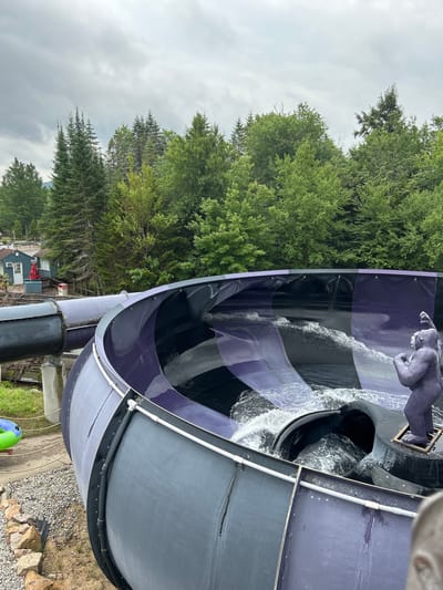 The image shows a close-up view of a water slide at an amusement park in Old Forge, New York. The water slide is large and made of dark purple and black material. It has a curved design, with water flowing down it, creating splashes and waves. A statue of a gorilla is positioned at the edge of the slide, appearing to be part of the attraction. In the background, a lush green forest with tall trees is visible, under a cloudy sky. To the left of the slide, there is a black pipe or tunnel, and beyond that, some buildings and a red umbrella can be seen, suggesting it is a park area. The ground around the slide is covered with gravel and large rocks.