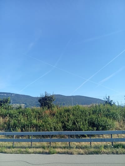 An outdoor, eye-level, medium shot captures a bright, clear blue sky filled with contrails. Four prominent contrails create an "X" shape in the sky, with additional fainter contrails visible. Below the sky, a range of green, forested hills stretches across the horizon. In the foreground, a metallic guardrail with horizontal bars runs parallel to the viewer. Behind the guardrail, dense green bushes and trees are visible, with dry grass and scattered vegetation on the ground. The scene appears to be a roadside view, likely near the city of Oberbipp, Switzerland, given the context. There are no people or animals present. The lighting indicates daytime, with clear visibility.