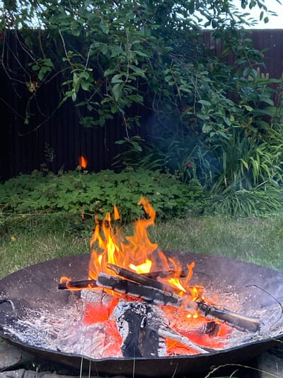A close-up shot captures a fire pit with a roaring fire. The fire pit is a dark, circular metal basin filled with burning wood and embers. The flames are bright orange and yellow, reaching upwards, with wisps of smoke curling into the air. Scattered around the embers are white and grey ashes. In the background, lush green foliage hangs from a tree, with a dark wooden fence visible behind it. The ground surrounding the fire pit is covered in green grass. The scene suggests an outdoor setting, possibly a backyard or garden, in the city of Lyshchytski Sel'ski Savet, Belarus.