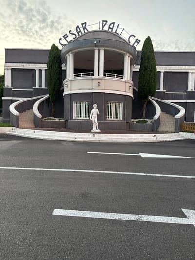The image shows the exterior of a building with "CESAR PALACE" written in neon letters on the facade. The building has a modern architectural style, with a dark gray exterior and white decorative elements. There are two tall cypress trees on either side of the entrance, flanking a curved staircase. A white statue of a male figure, resembling Michelangelo's David, stands in front of a window on the ground floor. The building is set back from a paved road with white directional arrows painted on it. The sky above is overcast with clouds. The location is identified as Grenay, France.