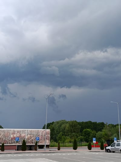 The image captures a parking lot scene in Hadzynka, Ukraine, under a dramatically overcast and stormy sky. The upper portion of the sky exhibits lighter grey clouds, which transition to a dense, dark blue-grey mass of storm clouds dominating the middle and lower sky, suggesting impending or ongoing heavy weather. In the foreground, a grey asphalt or concrete parking surface is visible, with faint white markings for parking spaces and a zebra crossing at the bottom left. Along the edge of the parking lot, several small, conical evergreen shrubs are planted in a bed of reddish-brown gravel.
In the midground, a large semi-trailer truck is parked on the left. Its white trailer is adorned with a large graphic print featuring a pattern resembling animal hides or processed meat, with the letters "EKO" discernibly printed on the upper left section of the graphic. Two blue square signs, each displaying a white "P" and a wheelchair symbol, are affixed to the side of the trailer or on poles immediately adjacent to it, indicating accessible parking. Two tall, slender white street light poles, each equipped with an illuminated modern LED luminaire, stand vertically in the scene. A white panel van is partially visible on the right, parked in a bay. Further into the parking area, two more blue accessible parking signs are visible in front of a red structure. The background is dominated by a dense, vibrant green treeline, suggesting a wooded area beyond the parking facility. No people are visible in the image.