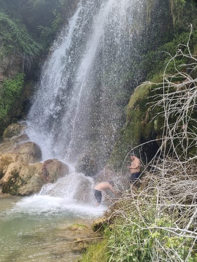 Three shirtless individuals are bathing near the base of a cascading waterfall. The waterfall is situated within a lush, verdant environment, with moss-covered rocks and dense foliage visible behind the water. The water flows over rough, reddish-brown rocks into a clear pool. In the foreground, a network of dry, thorny branches and green grass creates a natural barrier. The overall impression is one of a natural, secluded swimming spot. The location is the source of the River Cifuentes in the city of Ojos de la Fuente, located in the municipality of Cifuentes, Guadalajara, Spain.