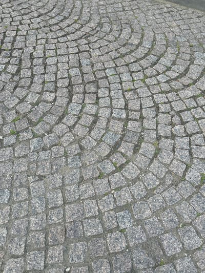 The image displays a close-up, overhead view of a cobblestone pavement. The stones are predominantly grey with flecks of pink and black, appearing to be granite. They are laid in a radiating pattern, forming curved rows that suggest a pathway or plaza. Sparse blades of green grass are visible growing in the gaps between the stones, indicating an outdoor environment. The lighting suggests it is daytime, casting subtle shadows. No people or specific landmarks are visible. The texture of the stones is rough and granular. The scene depicts a section of a paved urban or park area.