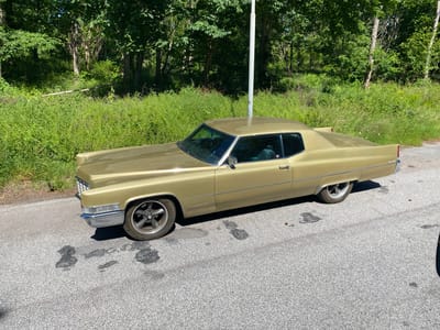 A gold 1970s Cadillac Coupe de Ville is parked on the side of a paved road, adjacent to a densely wooded area and tall green grass. The car is positioned at an angle, facing towards the right side of the frame. The foreground shows the asphalt road with dark patches, possibly oil stains. The middle ground features the classic American car, reflecting the bright sunlight. In the background, a line of trees with lush green foliage creates a natural backdrop, and a tall, slender pole stands near the center of the frame, possibly a street lamp. The scene appears to be set on a sunny day, likely in a rural or suburban area.