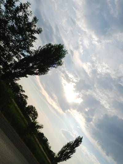 The image is a tilted, medium-shot photograph of a rural landscape in Bazar-Korgon, Kyrgyzstan. The scene depicts a roadside with a paved surface in the lower left quadrant, bordered by a grassy embankment. A line of trees and foliage runs along the embankment, extending into the distance. The sky occupies the majority of the frame, filled with a mix of light and dark clouds. The sun is partially visible through the clouds, casting a bright glow. The overall atmosphere is overcast with a hint of daylight. There are no people or animals visible in the frame.