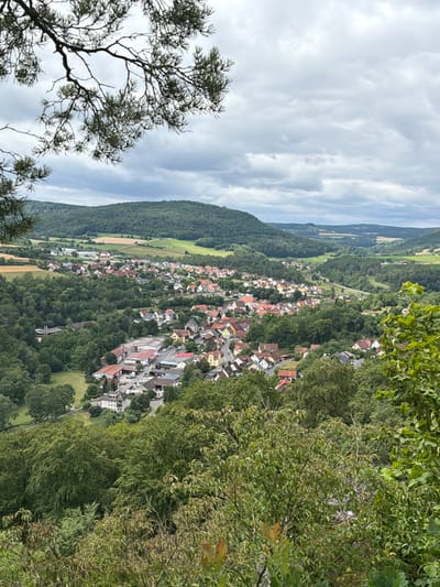 This is a high-angle, wide shot of a German town situated in a valley, likely Heiligenstadt i. OFr., Germany, given the presence of rolling hills and dense forestation characteristic of the region. The foreground is dominated by the dark silhouettes of tree branches and foliage, obscuring the very bottom of the frame.

The middle ground features a densely packed residential area with numerous houses, primarily characterized by red-tiled roofs and light-colored walls, interspersed with commercial buildings. The town is nestled within a landscape of lush, green trees, with some agricultural fields visible further in the background. A road winds through the town, lined with buildings and vehicles.

The background consists of heavily forested hills that recede into the distance, creating a sense of depth. The sky is overcast with thick, grey clouds, suggesting a cloudy or possibly rainy day. There are no visible people or animals in the image. The overall impression is one of a tranquil, rural European town surrounded by nature.
