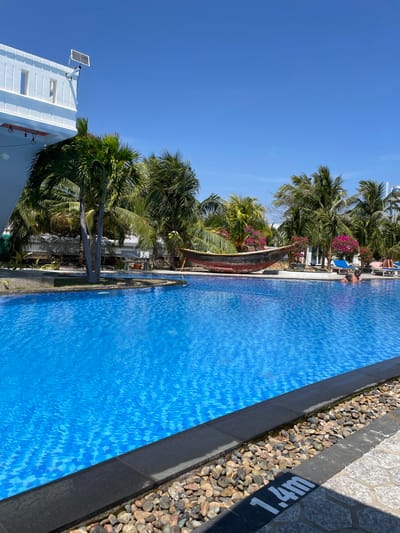 A long, rectangular pool dominates the right side, its blue, patterned surface shimmering. Palm trees and other greenery are clustered along the pool's edge, with a narrow, worn boat resting partially in the water. A white building with a solar panel sits in the bottom left corner. The pool’s edge features a pebble-lined area with a depth marker of 1.4 meters. The sky above is a clear, bright blue.