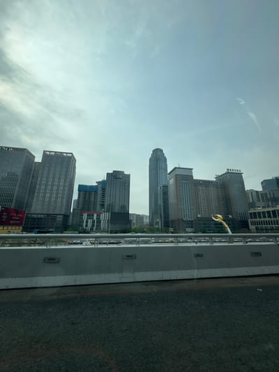 The image shows a skyline of buildings in Shenhe District, China. The buildings are mostly gray and beige, and vary in height. The sky is cloudy and gray. A bridge or roadway is visible in the foreground. Traffic is present on the roadway. A decorative golden sculpture is seen among the buildings.