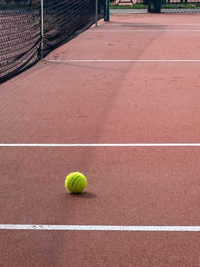 The scene depicts an unoccupied outdoor tennis court located in Giebułtów, Poland. The court surface is reddish-brown, marked with crisp white lines. A single, yellow-green tennis ball, branded "DUNLOP FORT," rests on the court surface in the lower-central portion of the frame, positioned between two parallel white lines. A short, indistinct shadow extends to the right of the tennis ball. In the left half of the image, a black tennis net is visible, stretching horizontally across the court from left to center. The net is taut, held by a dark-colored post partially visible on the far left. Beyond the tennis net and the court, the background is out of focus, showing green foliage from trees or bushes and an indistinct perimeter fence or barrier. No individuals or other active subjects are present in the immediate vicinity of the court. The environment is static, suggesting an interval between periods of play.
