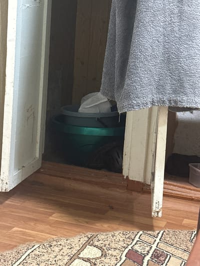 The image shows an indoor scene, possibly a utility area or storage space. A green plastic tub, containing a white cloth, is situated on a wooden floor. A grey towel is draped over a portion of the scene, obscuring some of the background. The area appears to be dimly lit, with wooden paneling visible in the background and a portion of a patterned rug in the foreground. There is no indication of the specific location within the city of Corlăteni, Moldova, nor are there any people or discernible actions occurring in the image.