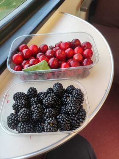The media file shows two clear plastic containers filled with fruit, placed on a white, slightly curved surface. The container in the foreground is filled with blackberries, which are dark, plump, and have a characteristic bumpy texture. The container behind it holds bright red cherries, some of which have a slight sheen. A single green leaf is visible amongst the cherries.

The setting appears to be indoors, possibly on a table or windowsill, with natural light coming from the left. The background shows a dark brown upholstered seat, suggesting a mode of transport like a train or bus. A glimpse of greenery is visible through a window to the far left, and a dark metallic frame runs along the top of the window. The overall impression is one of a simple snack enjoyed during a journey. The image is taken from a slightly elevated angle, looking down at the fruit. There is no visible text in the image. The time of day is not explicitly indicated, but the natural lighting suggests daytime.