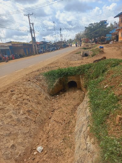 The image displays an outdoor scene within the city of Mariani ward, Kenya, depicting a roadside area under a partly cloudy sky.
In the foreground, a dry, unpaved drainage gully with light brown soil and sparse green vegetation runs towards the viewer. A dark, circular concrete culvert opening is visible at the gully's upper end, embedded into the left bank, with a smaller, rectangular concrete culvert located further up the right embankment. Scattered debris, including a piece of white material, is present within the gully.
The midground features a two-lane paved road extending diagonally from the lower left to the upper right. To the left of the road, a linear arrangement of single-story commercial structures, constructed primarily from corrugated metal and painted wood, lines the street. Numerous motorcycles are parked along the roadside in front of these establishments. Multiple wooden utility poles supporting a network of overhead wires run parallel to the road on this side.
To the right of the road, an elevated dirt embankment, partially covered with green vegetation, leads to further structures. A multi-story building with blue and orange sections is situated on this higher ground. A blue metal stand is positioned on the embankment, and a dark-colored animal, resembling a dog, is lying on the ground nearby.
In the background, the road continues into the distance, where several vehicles, including motorcycles, and indistinct human figures are visible. Additional buildings and trees line the road as it recedes into the horizon.