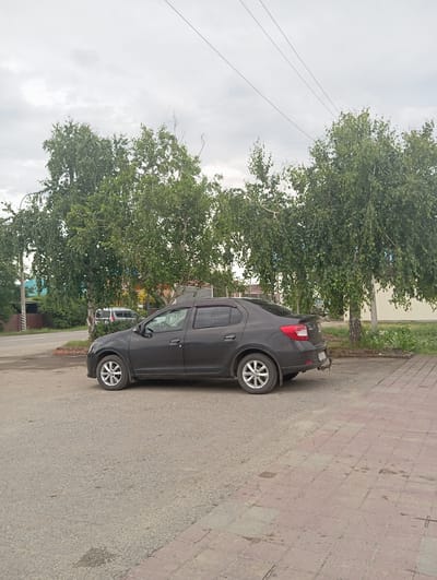 This image depicts a dark-colored sedan parked on an asphalt road. The car is viewed from its side, with its rear passenger-side wheel and part of the front passenger-side wheel visible. The car appears to be in a residential or commercial area, with a sidewalk made of red and grey paving stones to the right of the road. Behind the car, there are large trees with green foliage, suggesting it is a season with foliage, likely spring or summer. In the background, glimpses of buildings and other cars can be seen, along with some electrical wires overhead. The sky is overcast and appears to be cloudy, indicating a potentially dim or gray day. The image is taken at a slightly angled perspective, with the car and its surroundings oriented vertically. There is no clear indication of a specific time of day beyond the overcast conditions. No people are visible in the frame. There is a license plate on the rear of the car, but the text is not legible.