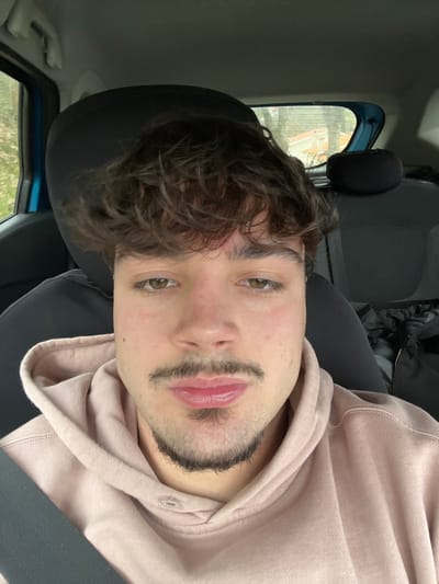 A young male is depicted in a close-up, head-and-shoulders shot, seated inside a vehicle. He has brown, curly hair, a mustache, and a goatee. His eyes are light brown/hazel. A small red mark is visible on his forehead. He is wearing a light pink hooded sweatshirt, and a black seatbelt crosses his left shoulder. He faces directly towards the camera. The background shows the interior of a car, including a black headrest behind him, a blue trim element on the vehicle's interior structure, and a blurred view through the rear window. The exterior scene visible through the window includes bare-branched trees and a building with a reddish-orange tiled roof in the distance. The specific location within the city of Lamego, Portugal, cannot be determined from the visual evidence provided.