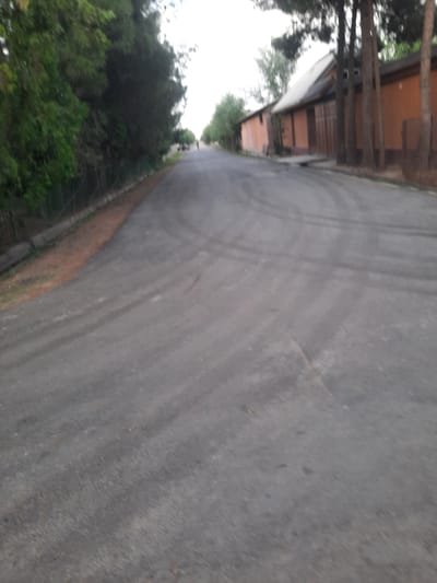 The image shows an asphalt road in what appears to be a semi-rural or suburban area. On the left side of the road, there is a densely vegetated area with trees and green foliage, bordered by a wire fence. The road itself exhibits tire marks, suggesting vehicle traffic. On the right side of the road, there are buildings with orange-colored walls and dark roofing, interspersed with several tall, slender trees. The sky is overcast and bright, indicating daylight. A single, blurred figure of a person can be seen in the distance on the road. This scene is consistent with a location within the city of Восеабад, Tajikistan, possibly an access road to a residential or agricultural area, given the presence of buildings and vegetation.