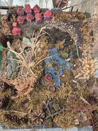 A close-up, overhead shot depicts a diorama of a natural landscape, seemingly a miniature representation of a forest floor or stream bed. The diorama is contained within a square or rectangular frame and includes elements such as moss of varying colors and textures, small pebbles, pine cones, and dried grasses. A section of blue and green painted surface represents water, possibly a stream. Artificial elements like red cube shapes are positioned along one edge, possibly to represent rocks or buildings. The scene appears to be in a display and is not necessarily representing a specific real-world location. Given the prompt mentioning Srebarna, Bulgaria, the landscape could be inspired by that region. No people are visible, and the focus is on the arrangement of objects to simulate a natural environment.
