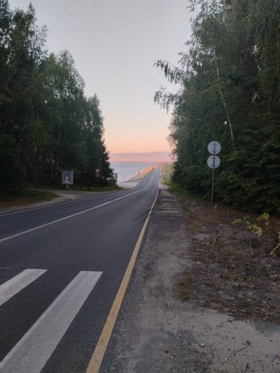 The image depicts a road in Zavolzhye, Russia, at dusk. A paved road with white lane markings runs through a forested area. On the left side of the road, there are trees and a signpost with a framed picture. On the right side of the road, there are more trees and a double round signpost. The road leads towards a body of water, possibly a river or lake, in the distance, with a faint orange glow on the horizon indicating sunset. The sky is a pale gradient of gray and pink. There are no people visible in the image.