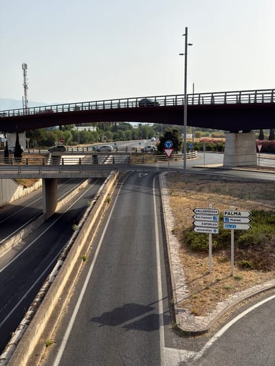 The image shows a highway interchange in Son Sardina, Spain, on a clear, sunny day. A multi-lane overpass with a dark red railing spans across the scene, with vehicles visible on it. Below the overpass, a concrete barrier separates two sets of lanes. In the foreground, two white directional signs on poles indicate destinations: one lists "VALLDEMOSSA", "Son Espases", "ESPORLES", and "universitat", while the other shows "PALMA", "Planas", and "Ma-20". The area around the signs is dry grass and a stone border. The overall environment appears to be a semi-arid, urban fringe landscape. There are no people visible in the immediate vicinity of the road signs or on the lower road sections.
