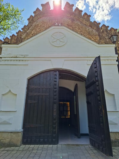 This is a low-angle, wide shot of a large, arched, dark wooden double door, one panel of which is open, leading into a dimly lit interior. The door is set within a white-washed brick facade, which has decorative triangular patterns along the top and a carved floral motif above the arch. The building's roofline is crowned with a rough stone battlement. The sun is bright, creating a lens flare at the top center of the image, and the sky is blue with scattered clouds. A tree with green leaves is visible on the left. A black wrought-iron lantern is mounted on the right side of the facade. The ground in front of the door is paved with light-colored rectangular stones. This scene is located in the city of Milestii Mici, Moldova.