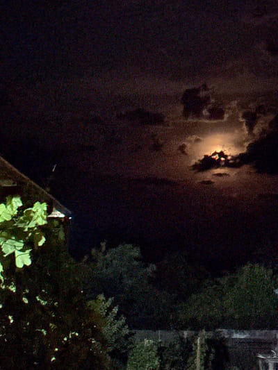 The image depicts a night scene in Serhiivka, Ukraine. The sky is dark with scattered clouds partially obscuring a bright moon. A portion of a building, possibly a house with a sloped roof, is visible on the left side of the frame, adorned with green foliage and a light fixture. The foreground features dense trees and a fence. The overall atmosphere is dark and somewhat grainy, suggesting a low-light photograph.