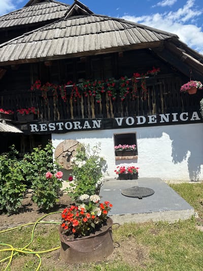 The image depicts the exterior of a traditional wooden and white-plastered building with a shingled roof. A sign above the white section reads "RESTORAN VODENICA" in white lettering. The building is adorned with numerous red and pink flowers in planters and hanging baskets. In front of the building, there is a garden area with rose bushes, potted flowers, and a yellow garden hose. To the right, a concrete structure with a metal manhole cover is visible. The scene is set outdoors with a blue sky and white clouds overhead. The location is identified as Dulovine, Montenegro. There are no people visible in the image.