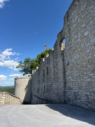 The image shows a view of the Neuffen Castle ruins in Neuffen, Germany. The foreground is dominated by a paved pathway, casting a long shadow from the right. In the mid-ground, a thick stone wall of the castle ruin runs diagonally from the right edge of the frame towards the left. This wall is constructed from irregular, light-colored stones and features small, rectangular openings. To the left of this main wall, a round tower is visible, also made of similar stone. A metal railing is present along the top of the tower. Further in the background, a lush green forest covers rolling hills under a bright blue sky with scattered white clouds. A flag, yellow and black, is flying atop a tree near the castle ruins. No people are visible in the image.