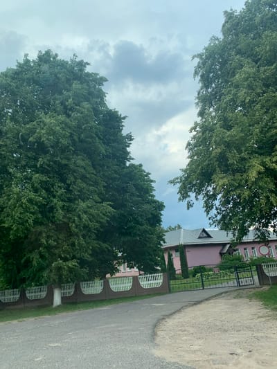 The image captures a street view in Слабада-Кучынскі сельскі Савет, Belarus. On the left and right sides of the frame, two large, mature trees with dense green foliage dominate the scene. Between them, a light pink building with a grey, gabled roof and a small triangular dormer window is visible. The building appears to be a residential or institutional structure, with several windows and a round, red and white sign on the right side. A decorative black metal gate with an ornate design provides an entrance to the property, flanked by a brown and white fence. A paved road, with a gravelly shoulder, leads towards the gate. The sky above is overcast with a mix of grey and white clouds.