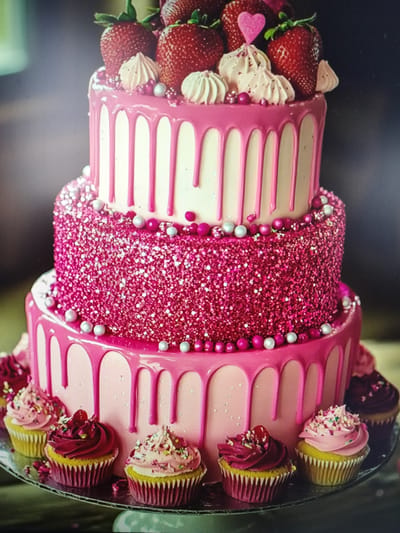 The image displays a tiered cake adorned with pink frosting and decorated with strawberries, meringue kisses, and edible pearls. Surrounding the base of the cake are several cupcakes with colorful frosting and sprinkles. The setting appears to be indoors, possibly a bakery or event venue, with a blurred background that suggests a rustic or natural environment. There is no indication of the city of Yashkino, Russia, or any specific location within it.
