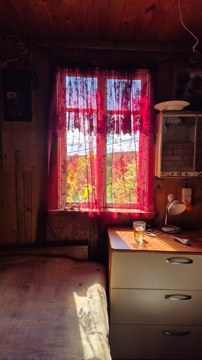 This image depicts the interior of a rustic room, possibly a cabin or a country house, with strong natural light entering through a window. The room features wooden walls and ceiling. A large window is covered by a sheer, red lace curtain with a floral pattern. Through the curtain, a sunlit garden with green foliage and trees is visible, suggesting a rural or semi-rural location.
In the foreground, a bed is partially visible on the left, covered with a light-colored, textured blanket. On the right side of the room, a wooden dresser with a light-colored top stands against the wall. On the dresser's surface, there is a glass containing a yellow liquid, a desk lamp, and some other small objects. A wall-mounted cabinet with a mirrored door is positioned above the dresser. Electrical outlets and switches are visible on the wooden wall to the right of the dresser. A dark panel with some wires is mounted on the wooden wall to the left of the window. The overall impression is one of a simple, lived-in space bathed in warm sunlight. The image does not contain any people. Based on the provided location of Машезеро, Russia, this scene is consistent with a dwelling in a village or dacha settlement in that region.