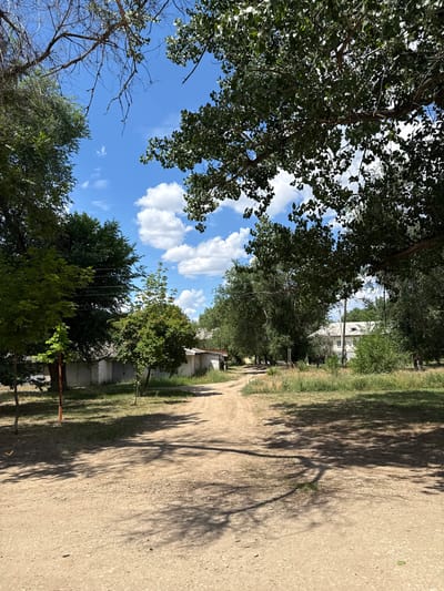 A dirt road winds through a grassy area with trees on either side. In the background, there are several single-story buildings with white walls and gray garage doors. Beyond the buildings, a two-story house with a white roof is visible. The sky is blue with scattered white clouds. The scene appears to be in a residential area on a sunny day.
