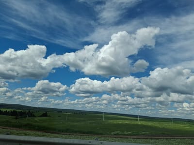 The image depicts a vast, rolling green landscape under a dynamic blue sky filled with white, puffy cumulus clouds and wispy cirrus clouds. The foreground shows a weathered metal guardrail. Beyond the guardrail, a dirt path runs horizontally across the scene, bordered by low-lying vegetation. The middle ground consists of expansive green fields, possibly farmland or pasture, dotted with occasional white wildflowers. Several utility poles are visible in the distance, rising from the fields. The background features a dense line of dark green trees forming a treeline against rolling hills, which are shrouded in a light haze. The overall scene suggests a rural, possibly agricultural area in or near the city of Уразгильды, Russia, on a bright, partly cloudy day. There are no people or animals visible in the image.