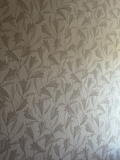 This is a close-up, medium shot of textured wallpaper with a floral vine pattern. The wallpaper is a neutral, light beige or taupe color with a subtle sheen that catches the light. The pattern consists of interwoven vines with stylized leaves and bell-shaped flowers in a slightly darker shade of beige or brown. The design is evenly distributed across the frame, creating a sense of organic flow and repetition. The texture of the wallpaper appears to be embossed or woven, giving it a tactile quality. The lighting creates subtle highlights and shadows, adding depth to the pattern. There is no text visible in the image. The context of Ternovka, Russia, is not visually represented in the image itself, which focuses solely on the wallpaper's design.