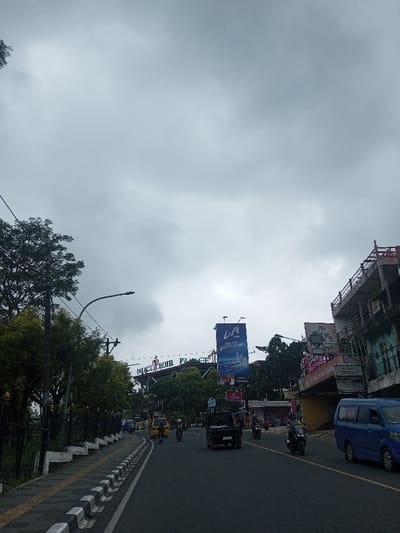 A street view captured under a cloudy sky. The Palace Hotel's sign is visible behind trees and a tall billboard. Cars and motorbikes travel along the road, with a blue van closest to the camera. Buildings line the right side of the street, while trees and a sidewalk are on the left. A streetlamp is positioned near the trees.