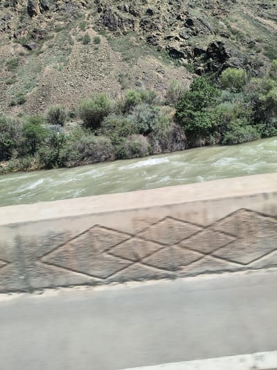 This is a landscape photograph taken from a moving vehicle, likely a bridge, overlooking a wide, shallow river. The river has a light green, murky hue and shows signs of moderate current with white ripples and small waves. The riverbanks are lined with dense, dry brush and scattered trees, with a larger, more verdant tree prominently featured on the right side of the bank. The background consists of a steep, rocky, and arid hillside covered with sparse vegetation and loose scree. In the foreground, a concrete barrier with a diamond-shaped pattern runs horizontally across the bottom of the image, and a paved surface, possibly a road, is visible below it. The image captures a natural, rugged environment with a man-made structure in the foreground.