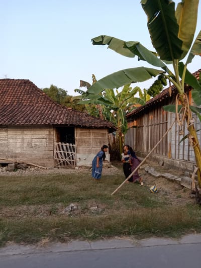 In Stiaji, Indonesia, an outdoor scene unfolds with a rustic ambiance. Three individuals are present: one young girl in a blue dress, another woman holding a baby, and a third person, partially obscured, who appears to be in a purple dress. The group is gathered in a yard with a dirt ground covered in patchy grass, a volleyball, and a wooden pole.
The backdrop features traditional Indonesian houses. To the left stands a weathered wooden house with a red tile roof and an open doorway protected by a wooden gate. To the right, a longer wooden structure with a similar red tile roof is visible. Abundant banana trees with large leaves and bunches of green bananas add to the tropical setting. The sky above is a pale blue, indicating it is likely late afternoon or early morning. The overall impression is of a simple, rural environment with everyday life activities.
