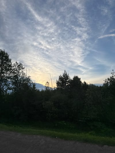 The image captures a serene natural scene at dusk, likely in the vicinity of Karagay, Russia. A dense line of dark green trees forms a silhouetted backdrop against a pale blue sky streaked with wispy white clouds. The sky exhibits a subtle gradient, transitioning from a warmer yellow hue near the horizon, suggesting the last rays of the setting sun breaking through a distant cloud formation, to a cooler blue overhead. In the foreground, a rough, unpaved path or dirt road runs horizontally across the lower portion of the frame, bordered by a strip of green grass. The overall impression is one of tranquil twilight in a wooded area. No people or specific landmarks are visible.
