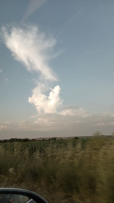 This is a photograph taken from inside a vehicle in Radievo, Bulgaria, looking out at a rural landscape. The sky dominates the upper portion of the image, featuring a mix of clear blue sky and white clouds. A notable cloud formation in the center of the sky is unusually shaped, resembling a figure or an object. The horizon is lined with a flat expanse of agricultural fields, appearing green and somewhat blurred due to the vehicle's motion. Scattered houses and trees are visible on the rolling hills in the distance. The lower left corner of the image shows the edge of a car's side mirror, indicating the viewpoint of the photographer. The overall lighting suggests it is daytime, likely late afternoon or early evening, given the softer light and the shadows.