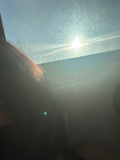 This image captures a sunlit outdoor scene from the interior of a vehicle in the city of Fetino, Russia. The upper two-thirds of the frame are dominated by a bright blue sky, partially obscured by a dirty or dusty windowpane, evident from the visible scattering of light. A brilliant sun is positioned in the upper right quadrant, emitting strong glare and radial light rays. Below the sky, the distant horizon reveals the silhouettes of bare deciduous trees. The lower third of the image is deeply shadowed by the strong backlighting, showing the dark interior of the vehicle. On the far left, a section of reddish-brown hair belonging to an individual is visible, catching the sunlight which illuminates individual strands. A distinct green, circular lens flare artifact is present in the lower-left-center of the frame. No specific actions or other individuals are discernible.