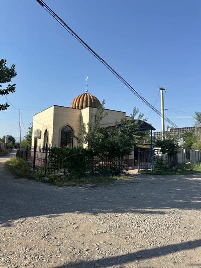 In the city of Myrza-Ake, Kyrgyzstan, a small, light-colored mosque stands with a rounded, ribbed dome topped by a crescent moon. The mosque has arched windows and an air conditioning unit mounted on its exterior wall. It is surrounded by a black metal fence, partially obscured by lush green bushes and trees. The scene is set against a clear blue sky, with power lines stretching across the frame. A gravel road leads towards the mosque, and on the right side of the image, a concrete fence encloses a large building with numerous windows, possibly an apartment complex or office building. The overall environment appears to be a mix of residential and possibly commercial areas, with vegetation scattered throughout.