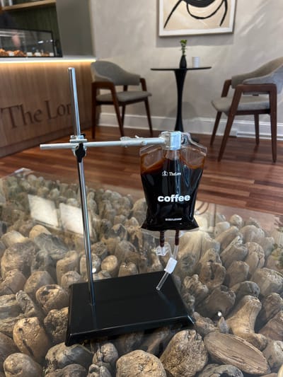 The image depicts a coffee bag suspended from an IV stand, filled with dark coffee. The bag has "TheLore" and "coffee" printed on it. The IV stand is positioned on a glass table filled with driftwood. In the background, there is a wooden counter with pastries displayed, two chairs, and a small table with a vase of flowers. The scene appears to be set in a cafe. The location is Jenkintown, United States of America.