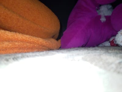 In Atamo Sur, Venezuela, an indoor scene depicts two plush stuffed toys. The left toy is orange and textured, with visible folds. To its right, a vibrant purple plush toy is partially visible. A white fluffy material, possibly stuffing or another toy, is seen protruding from the purple toy. The foreground is dominated by a bright white, blurry surface, suggesting a shallow depth of field or a close-up shot with a large portion of the frame out of focus.