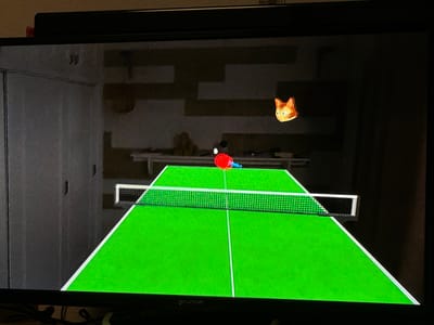 The image shows a television screen displaying a video game of table tennis. A bright green table with a white net is centrally located in the foreground. On the other side of the net, a red ping pong paddle and ball are visible, suggesting an active game. In the background, a stylized orange cat face with green eyes is floating in the upper right corner. The environment appears to be an indoor setting, with a dimly lit wall behind the table featuring a pattern of horizontal and vertical elements. The overall scene is a still from a digital rendering, not a photograph of a real-world location. There is no discernible connection to Castillo Bajo-conejito, Spain, as the image depicts a virtual environment.