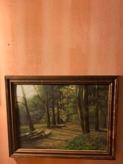 The image shows a framed painting of a forest scene, hanging on a textured, orange-toned wall. The painting depicts a sun-dappled path winding through tall trees with lush green foliage. Fallen logs are visible in the foreground, and dappled sunlight creates shadows on the forest floor. There are no people visible in the painting or in the environment. The location of Mepiskalaki, Georgia is not depicted or suggested by the image.