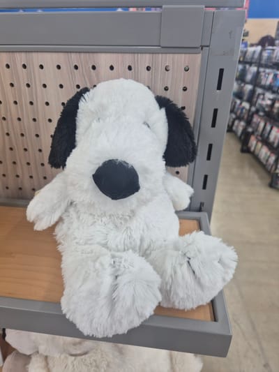 A white stuffed dog with black ears and a black nose sits on a wooden shelf in a retail store. The dog is positioned facing the camera, with its legs bent and resting on the shelf. The background shows rows of merchandise on shelves, suggesting a store environment. The lighting appears to be artificial, common in indoor retail spaces. The specific location of the store is not determinable from the image.