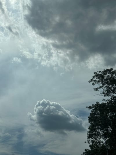 The image shows a cloudy sky with trees in the foreground. The clouds are dark and heavy, suggesting an impending storm. The trees are lush and green, indicating a warm season. The scene appears to be a natural landscape, possibly a park or a rural area. There are no people or man-made objects visible in the image, aside from what might be a distant street lamp obscured by the trees on the right. The image does not provide any specific information to place it in the city of Velykyi Khodachkiv, Ukraine.