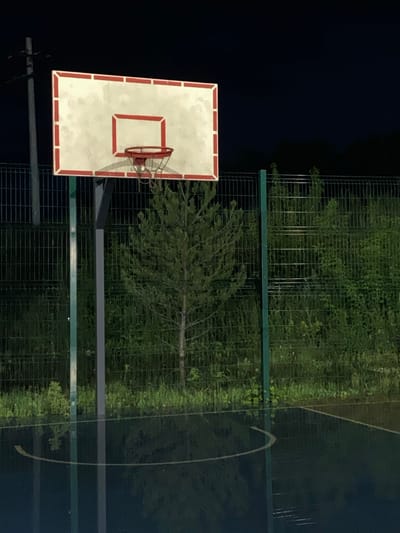 The image shows a basketball hoop and backboard at night. The backboard is white with red trim and has a red rim with a net. The hoop is attached to a pole that is partially visible at the bottom of the image. Behind the basketball hoop, there is a chain-link fence with trees and foliage visible through it. The scene is dark, suggesting it is nighttime. The overall impression is that of an outdoor basketball court at night. There is no visible text in the image. The location context indicates that this scene is in Pokhvistnevo, Russia.