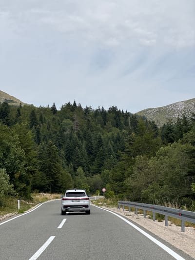 A white SUV is driving on a paved road that curves to the left, heading into a dense forest of pine trees. The road has white lane markings and is bordered by a metal guardrail on the right and a grassy shoulder with white posts on the left. In the distance, the road is surrounded by a mountain landscape with rocky peaks and more trees. The sky is overcast with clouds. A circular traffic sign with a red border is visible on the left side of the road. The license plate of the SUV reads "PG NP468". The location is identified as Gradačka Poljana, Montenegro.