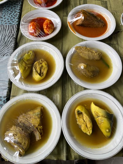 This close-up overhead shot, taken in Kutalhoksukon, Indonesia, displays seven white ceramic bowls containing various prepared meals, all individually covered with clear plastic wrap. The bowls feature a thin, light-colored rim design. In the upper row, a partially visible white bowl on the far left contains food in a red sauce. To its right, a bowl holds two hard-boiled eggs submerged in a vibrant red, thick chili sauce. Further to the right, another bowl features a large piece of fish in a similar red, viscous sauce. The remaining four bowls, arranged in two rows below, each contain two pieces of fish in a clear, yellow-brown broth, indicative of a turmeric or curry-based preparation. Specific cuts of fish vary across these bowls, with some showing whole fish sections including heads, and others featuring fillets or body portions. The bowls are arranged on a patterned tablecloth, which transitions from a light green and brown striped or textured fabric under the bowls to a dark grey and light blue abstract animal-print pattern on the far left. No people are visible in the scene.
