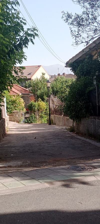 This is an outdoor, eye-level, vertical shot of a residential street scene in Galapagar, Spain. The image features a paved pathway leading uphill, flanked by stone walls and lush green foliage. A traditional black lamppost stands to the right of the path, casting a shadow. In the distance, several houses with terracotta roofs are visible, nestled amongst trees, with a hazy mountain range in the background. The sky is clear and bright, suggesting a sunny day, likely in the late afternoon or early evening due to the long shadows. The sunlight creates a dappled pattern on the pathway. A small bird is perched on the pathway in the foreground. A manhole cover is visible on the lower right corner of the image. There is no visible text in the image.